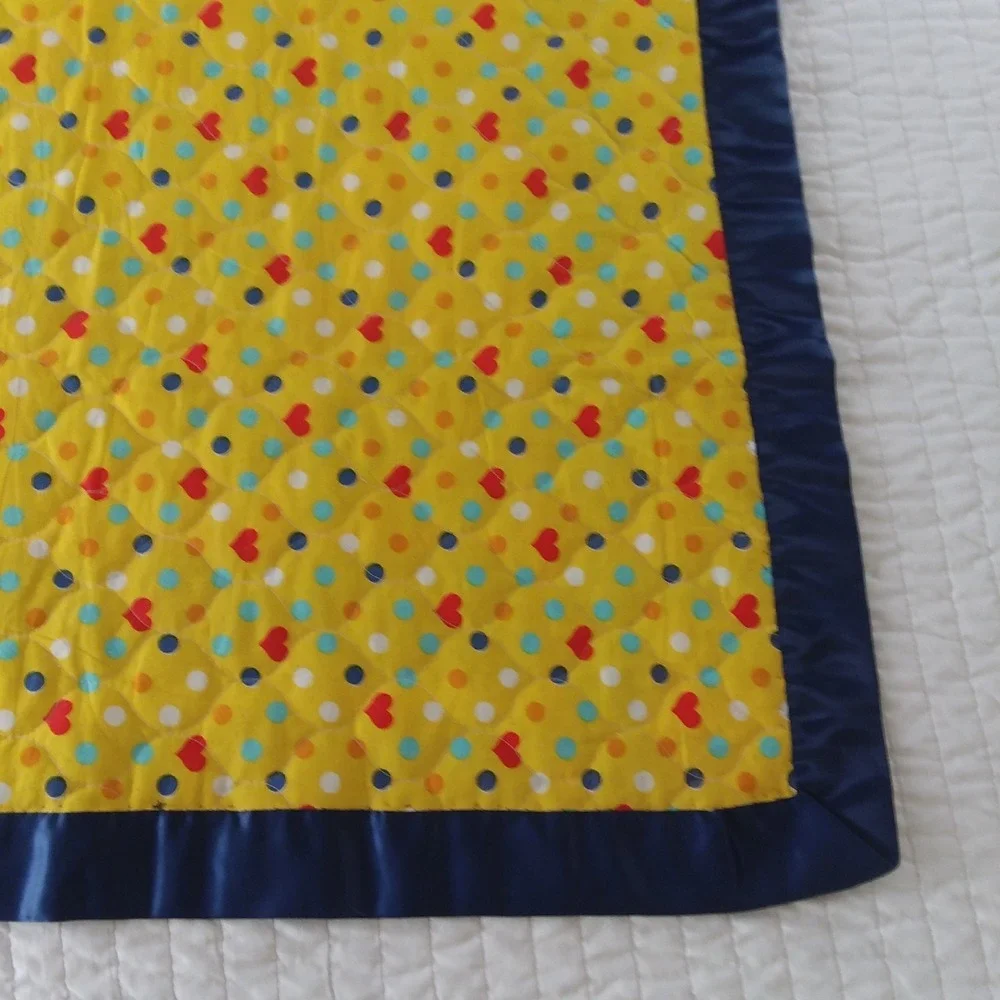 Handmade Baby Quilt Duck Patchwork Blanket Satin Trim Play Mat Blue Yellow 45x28